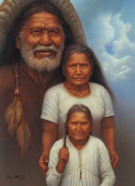 Image similar to portrait of an indigenous grandfather and grandmother in the clouds, smiling, protection, benevolence, ancestors, art by christophe vacher