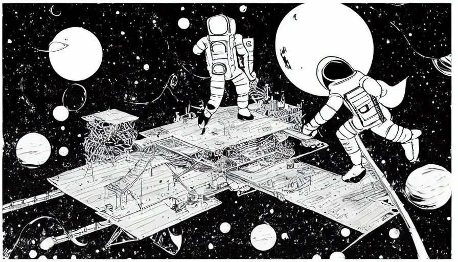 Image similar to travel to the moon in a dream, style of graphic novel, style of shuzo oshimi, black outline, on white, smooth, thin sharp lines, detailed