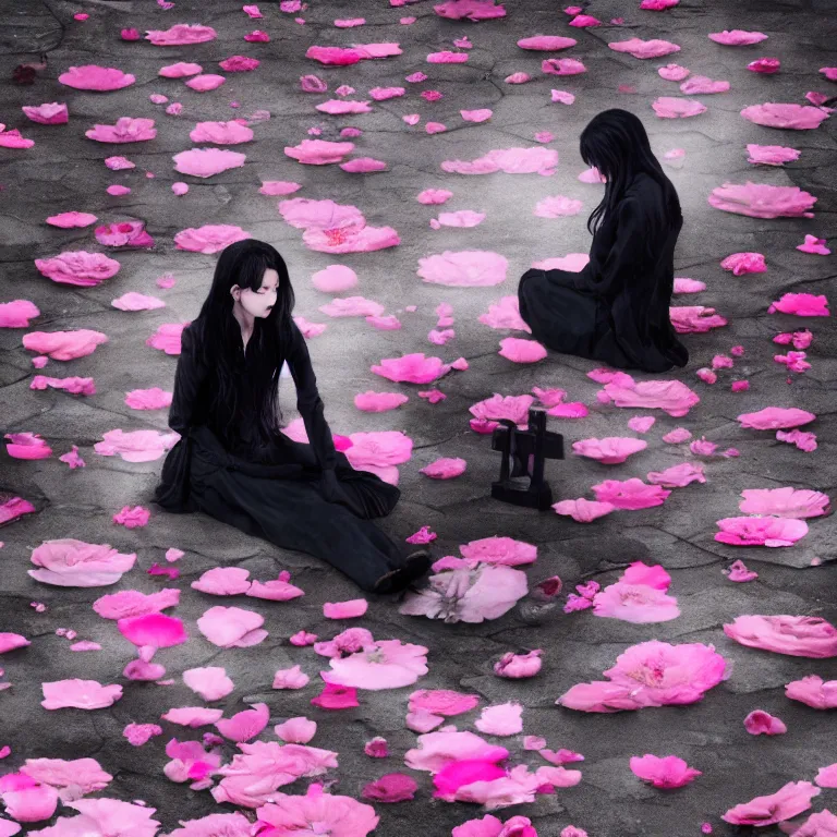 Image similar to cloudy cemetary with pink petals on the floor, goth woman sitting down, intricate details, complementary lighting, detailed face, backlighting, octane render, raytraced, depth of field, beautiful face, extremely detailed, trending in artstation, focus on face, sharp focus, radiant light, beautiful composition, yihao ren, zochi, zero - hour, jean paul fiction