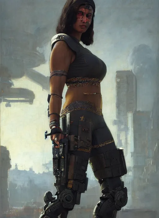 Image similar to buff Sophia. beautiful cyberpunk soldier wearing a military vest and military jumpsuit (cyberpunk 2077). gorgeous african face. Iranian orientalist portrait by john william waterhouse and Edwin Longsden Long and Theodore Ralli and Nasreddine Dinet, oil on canvas. Cinematic, hyper realism, realistic proportions, dramatic lighting, high detail 4k