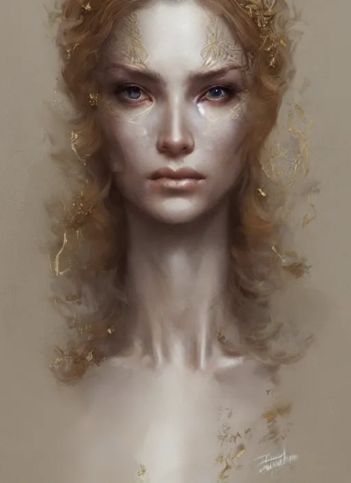 Image similar to female pale aristocrat, gold, character portrait, concept art, intricate details, highly detailed by greg rutkowski, michael whelan and gustave dore, face enhance, ultra detailed