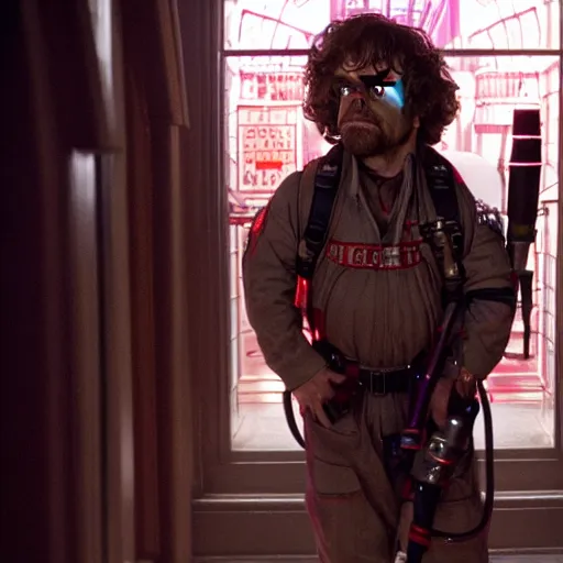Image similar to stunning awe inspiring peter dinklage as a ghostbuster in the movie ghostbusters, movie still 8 k hdr atmospheric lighting