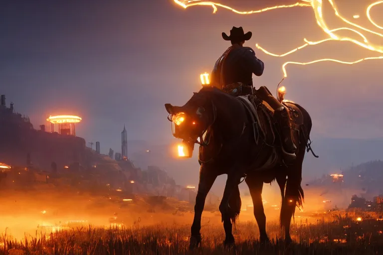 Prompt: photo from shoulder of a led cowboy, riding a led steampunk horse, carrying a big gun, on a futuristic city, cinematic lightning, ray tracing, unreal engine 5, photorealistic, 8 k, uhd, 4 k, red dead redemption 2 game concept, extremely detailed, beautiful, elegant, intricate, foggy, in - game footage