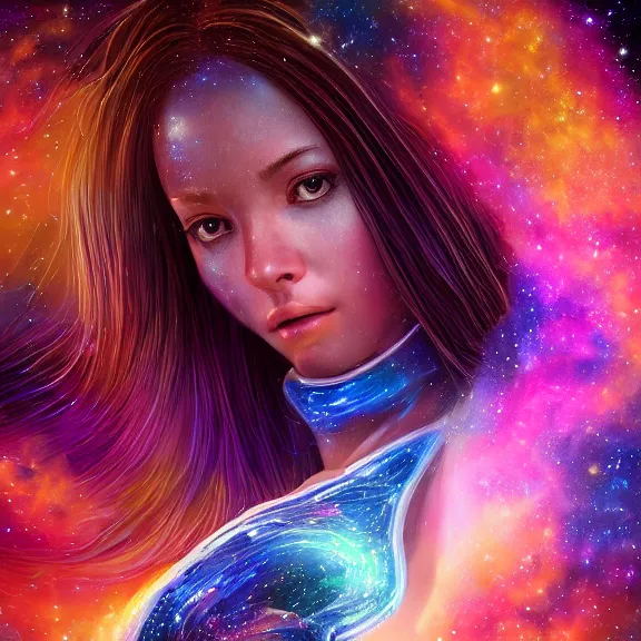 Image similar to highly detailed close up portrait of a celestial girl with a body made of cosmic energy, space background, character art, studio lightning, bright colors, intricate, masterpiece, photorealistic, hiperrealistic, sharp focus, high contrast, Artstation HQ, DeviantArt trending, 4k UHD, Unreal Engine 5