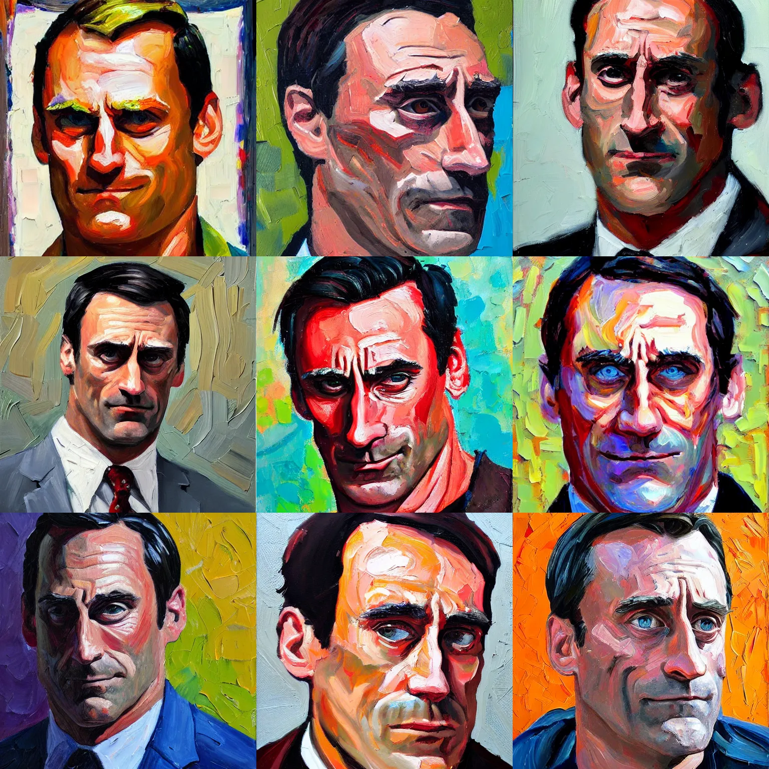 Prompt: john Hamm painted in very thick impasto oils
