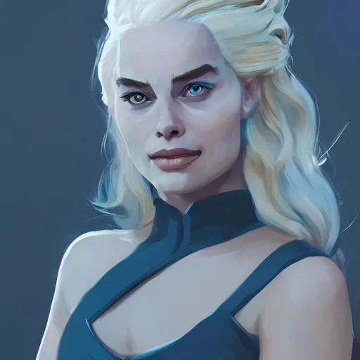 Image similar to Portrait of Margot Robbie as Queen Daenerys Targaryen, mattepainting concept Blizzard pixar maya engine on stylized background splash comics global illumination lighting artstation lois van baarle, ilya kuvshinov, rossdraws