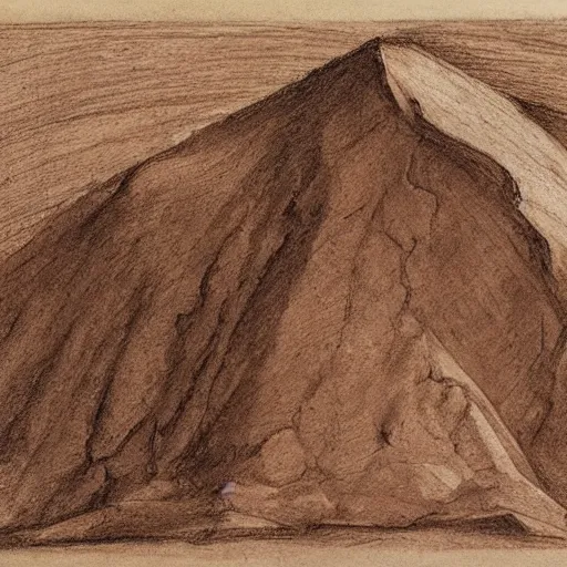 Image similar to a cross section of a mountain in the style of leonardo da vinci, red chalk on paper, national gallery