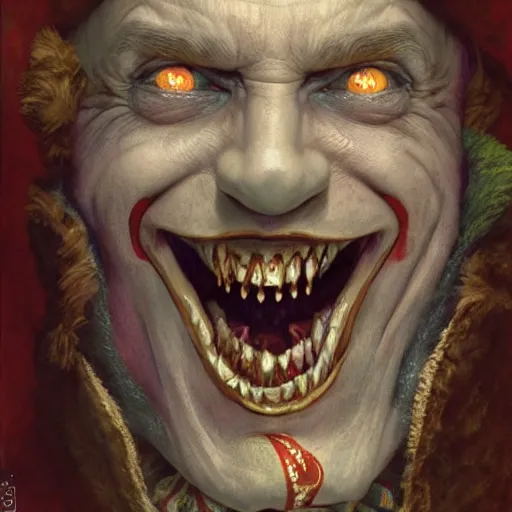 Image similar to vladimir putin, medieval jester, court jester, fool, unga bunga, wearing clown nose, horror teeth, fantasy 3 d render, masterpiece, by donato giancola and greg rutkowski and wayne barlow and zdzisław beksinski, realistic face