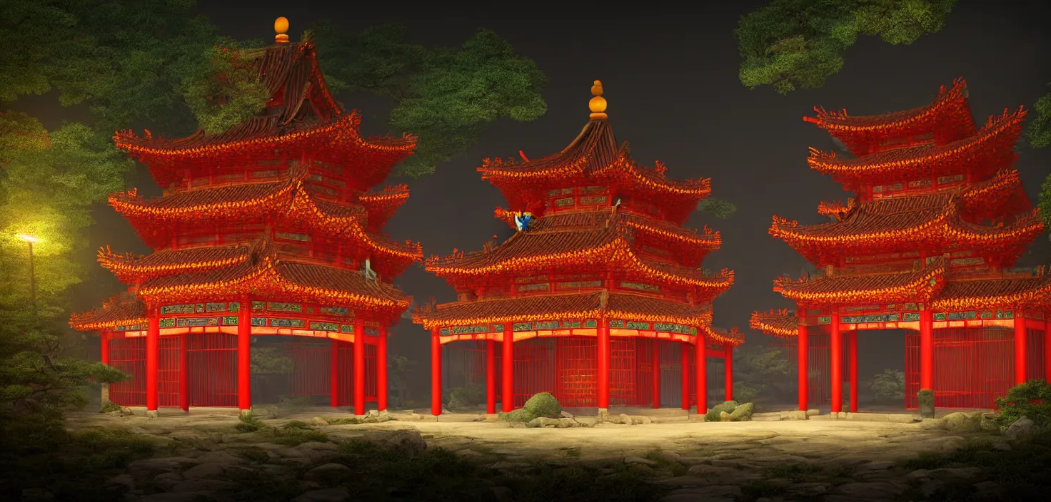 Image similar to a traditional chinese building in the forest at night, big round glowing multicoloured portal house, central symmetrical composition, incredible, vector art, octane render, fabulous, hyper detailed, random cinematic view, no noise, global illumination, warm lighting, volumetric, godrays, vivid, beautiful, by oliver beck