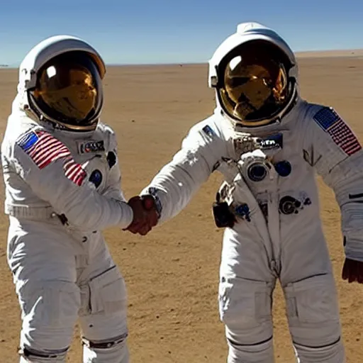 Image similar to two astronauts standing in the middle of a desert shaking hands, one of the astronauts are on fire