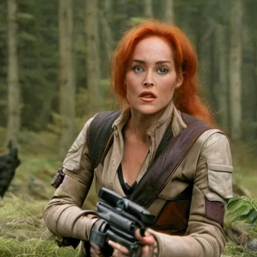 Prompt: movie still of cute young sharon stone as bounty hunter mara jade on the forested mountain planet wayland in star wars episode vii : heir to the empire ( 1 9 9 1 ) ; bare arms ; leather