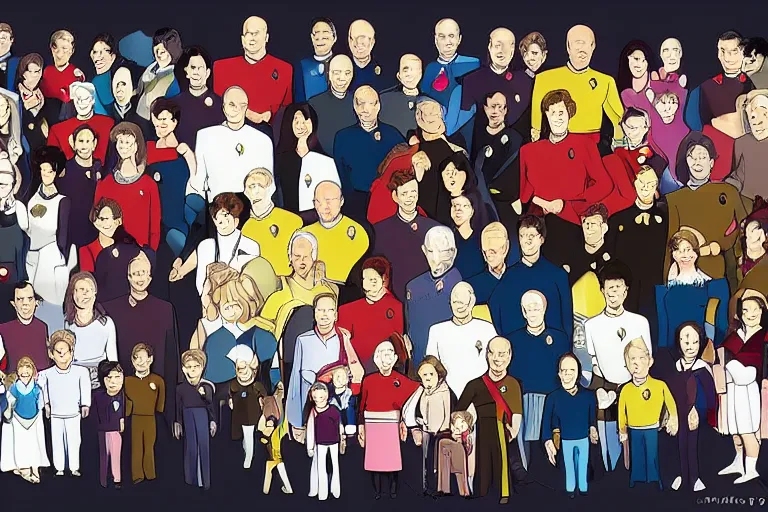 Prompt: star trek next generation enterprise - d bridge crew, captain picard in center, family portrait, in style of studio ghibli