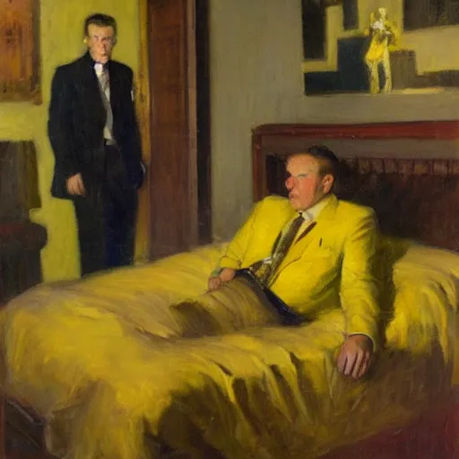 Prompt: man in yellow room, black suit, dean cornwell style