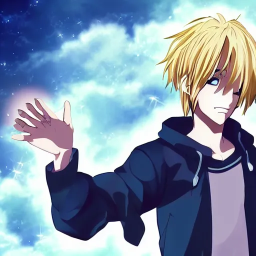 Image similar to anime character looking at his hand, He just discovered magic and look scared and confused, His hand has magic, Digital art,