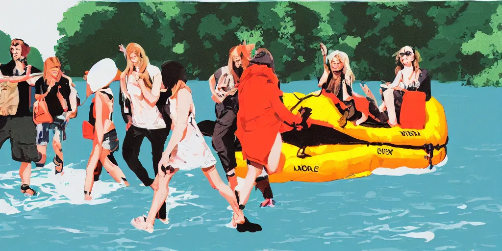 Prompt: abbey road crossing cover, life raft, festival, lake, having fun, people, friends, sunshine, ashley wood, graphic illustration, hyper real, realistic faces