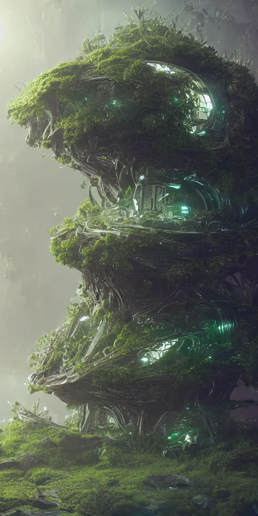 Image similar to A fancy alien spaceship on a magical biome of oddities, magical plants and trees, goofy, sparky, positive vibes, behance, artstation, unreal render, unreal engine 5, ornate, intricate, elegant, symmetrical, cinematic, volumetric, octane, smooth, 8k