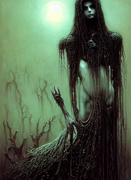 Image similar to majestic dark necromancer queen by Beksinski, Luis Royo