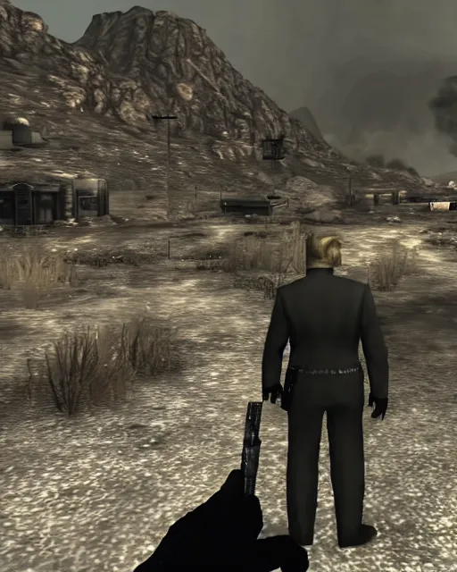 Prompt: Trump in Fallout New Vegas, gameplay screenshot, mid-shot
