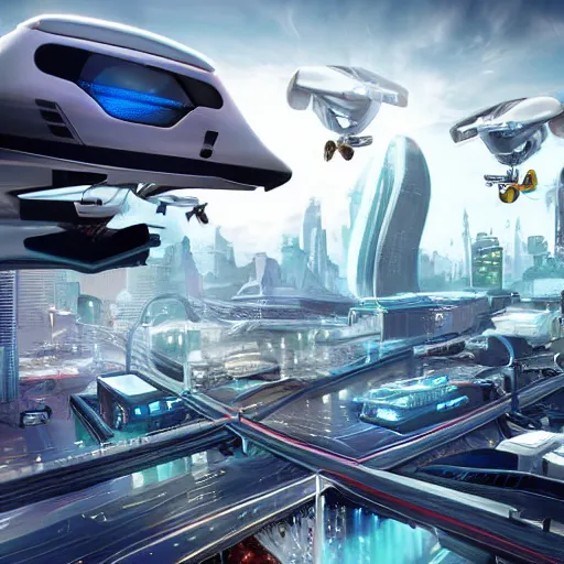 flying cars traffic on futuristic city year 3000, | Stable Diffusion