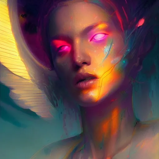 Image similar to portrait of a beautiful dark seraphim female futuristic angel, volume lighting, concept art, by greg rutkowski!!, colorful, xray melting colors!!