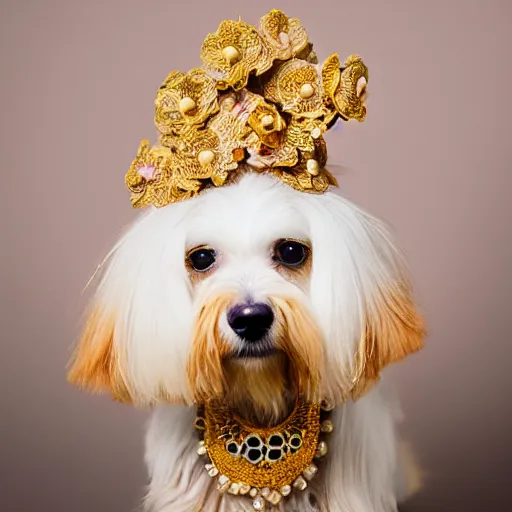 Image similar to cream - colored havanese dog wearing an ornate african necklace, a headpiece made from flowers, soft light colored background, intriguing pose, photo by tyler mitchell