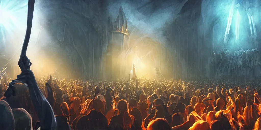 Image similar to ambience, atmosphere, sunbeams, concept art, sauron plays guitar at a rock concert to a crowd of orcs, lord of the rings, peter jackson, studio ghibli, detailed, realistic lighting, volumetric lighting, golden hour,