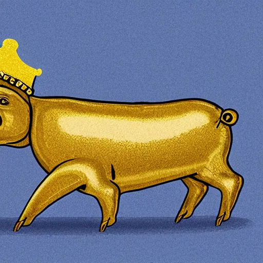 Image similar to a pig wearing a gold crown in the style of Rube Goldberg