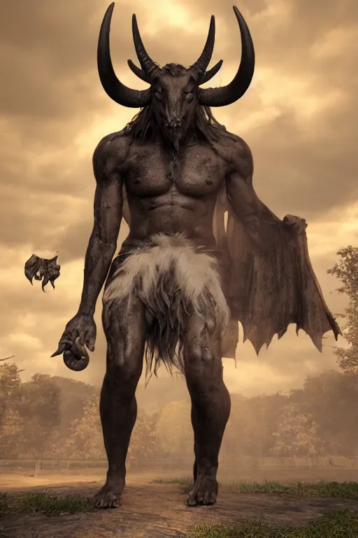 Image similar to an unreal engine render of a pagan god + creature with large black eyes and wide tall horns, hyper realistic, detailed anatomy