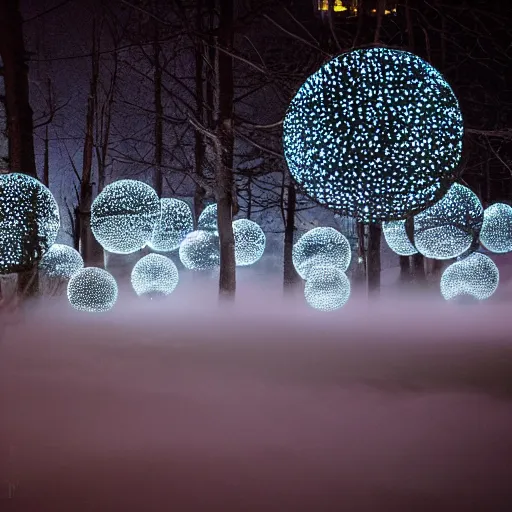 Prompt: forrest illuminated by glowing spheres, mist on ground, dramatic, night, 5 5 mm