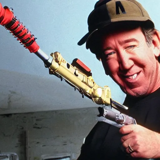 Image similar to tim allen with a flamethrower