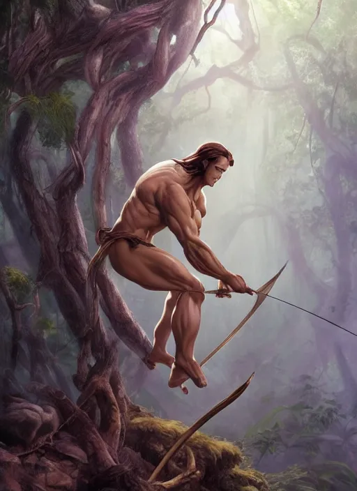 Image similar to A beautiful digital painting of tarzan in the mirkwood forrest holding a bow and arrow looking at the camera by Stanley Artgerm Lau, frank frazetta, Rossdraws, James Jean, gerald brom, Andrei Riabovitchev, Marc Simonetti, and Sakimichan, trending on artstation