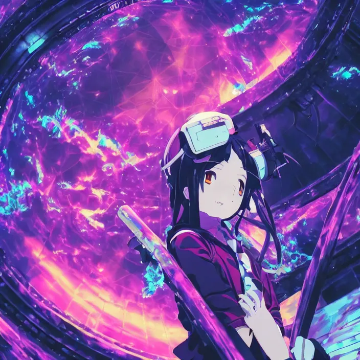 Image similar to close up of Albedo from overlord, close up of mamimi samejima from flcl, psychedelic background, epcot, inside a space station, eye of providence, female anime character, Lain, uwu, uwu, Luminism, surrealism, Ruan Jia, uwu Hi-Fructose, Artstation, HD, HDR, High Resolution, giygas