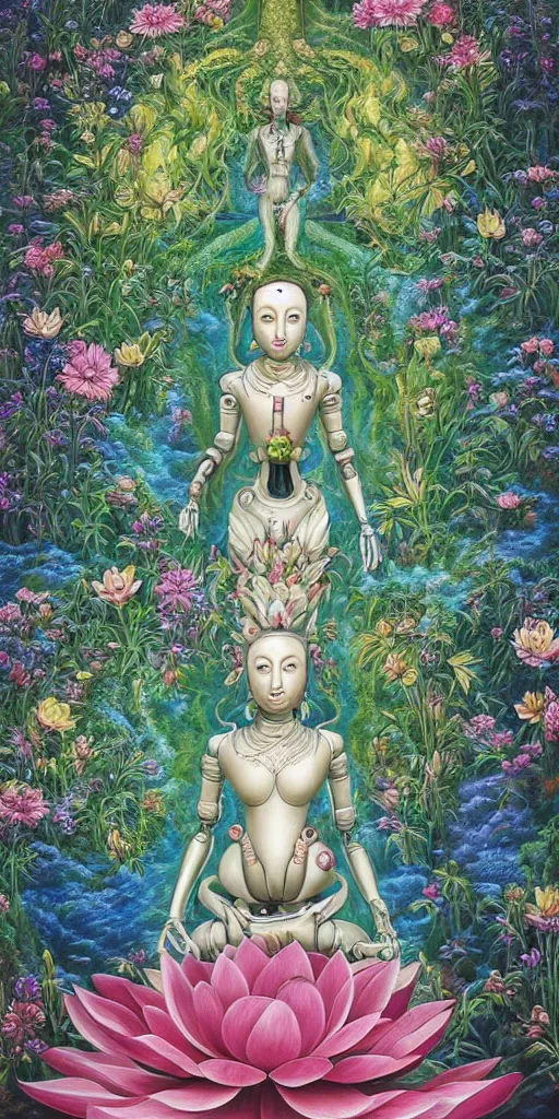 Image similar to a beautiful surrealist painting of a 1 0 0 0 armed quan yin robot standing in the lotus garden in deep contemplation of the infinite by hanna yata, digital art