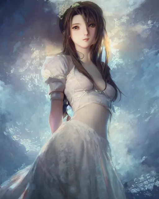 Prompt: aerith gainsborough in lace skirt, portrait, illustration, rim light, top light, perfectly shaded, soft painting, art by ross tran, krenz cushart and wenjun lin