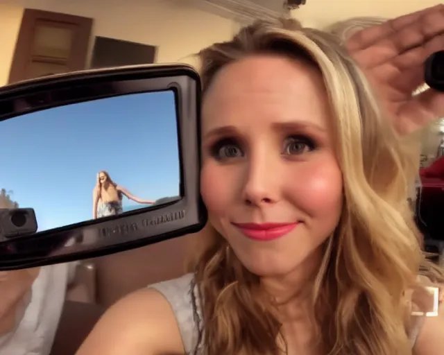Prompt: gopro footage, first person view of my date with kristen bell, bedroom