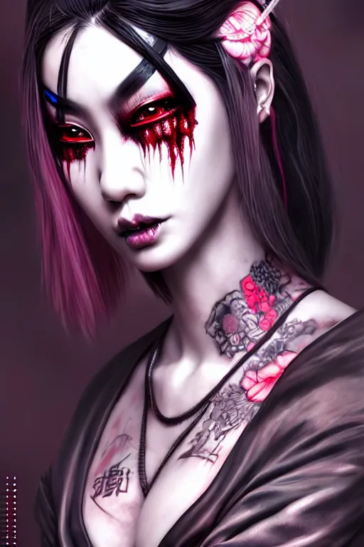 Image similar to ebony asian geisha goddess yakuza biotech raver gothic cyborg, cyberpunk city, urban decay, decay, horrorcore, underworld, dark art, highly detailed, digital painting, octane render, artstation, concept art, smooth, sharp focus, illustration, art by artgerm, loish, wlop