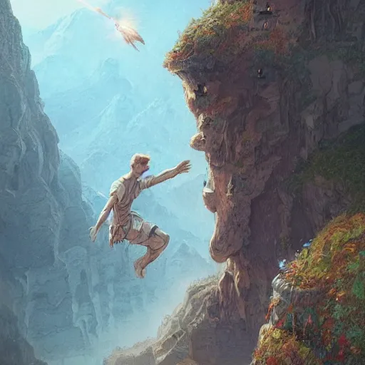 Prompt: guardian angel protecting man falling from a cliff, detailed intricate ink illustration, happy atmosphere, detailed illustration, hd, 4k, digital art, overdetailed art, by greg rutkowski, by loish, complementing colors, Trending on artstation, movie poster style