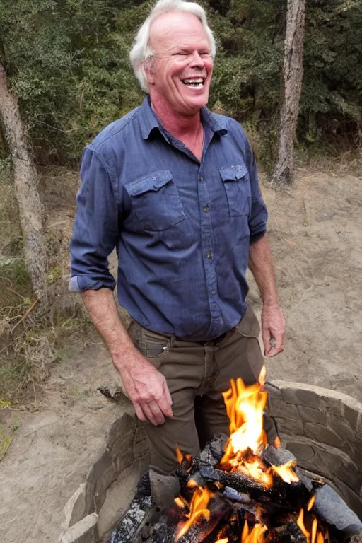 Image similar to kevin tighe floating above a fire laughing