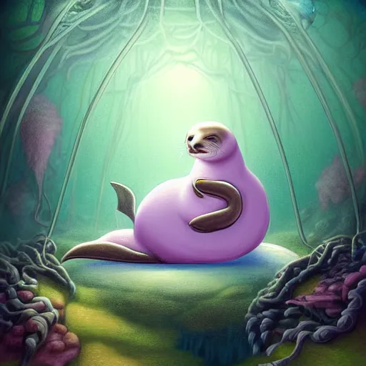 Image similar to beautiful digital fantasy illustration of a Prince in pastel!!!, whimsical acrylic modern pop surrealism, Even Giger-y dark overlords living in the ruins of an ancient system of tunnels and caves like to be comfy every once in a while!, A seal sleeping peacefully in a kelp forest, highly detailed, soft lighting, rendered in octane, masterpiece, very very very aesthetic