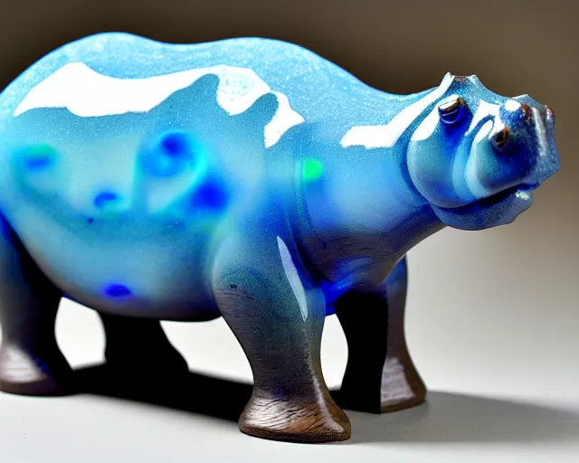 Image similar to a sculpture of hippo baby, bottom half wood!!!!! carved, top half blue translucid resin epoxy, cubic blocks, side view centered, mixmedia, transparent,