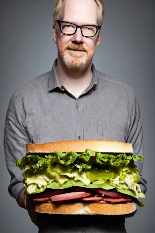 Image similar to 📷 portrait of adam savage the sandwich, made of food, still image, dynamic lighting, 4 k