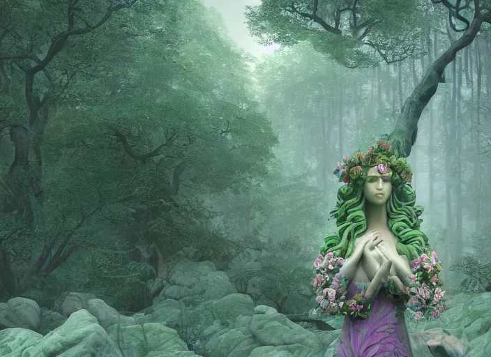 Image similar to an idealistic marble statue with fractal flowery hair and fair porcelain face and green eyes, in a magical forest, painted by, mc escher, gordon onslow ford, georgia o'keeffe and ivan aivazovsky, cinematic light, god rays, colourful, unreal engine, zbrush central,