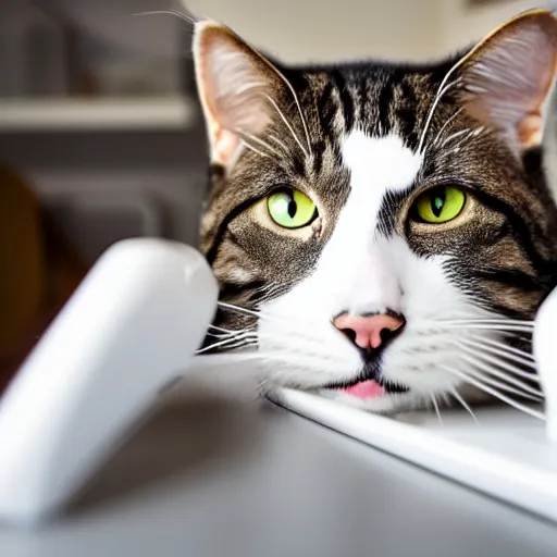 Prompt: a cat wearing a stormtrooper helmet while on the kitchen table, 40nm lens, shallow depth of field, split lighting, 4k,