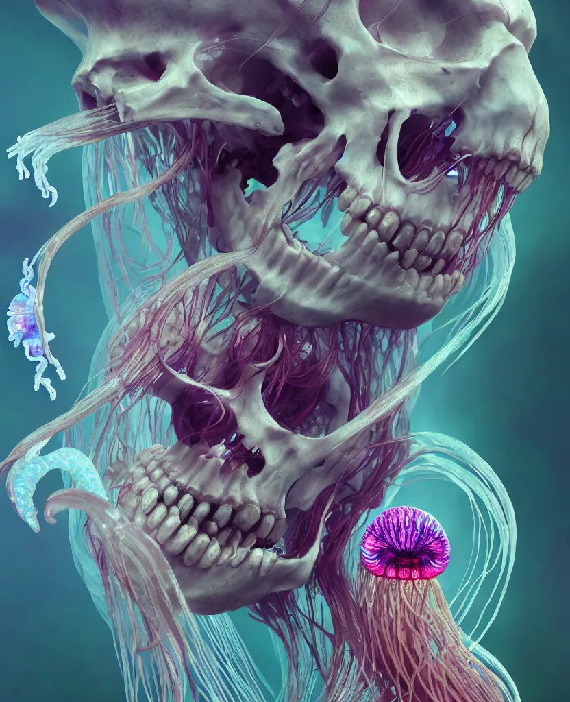 Image similar to goddess close - up portrait human skeleton, ram skull, jellyfish, orchid, betta fish, bioluminiscent, intricate artwork by tooth wu and wlop and beeple. octane render, trending on artstation, greg rutkowski very coherent symmetrical artwork. cinematic, hyper realism, high detail, octane render, 8 k