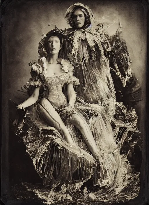 Prompt: old wetplate daguerreotype portrait of the birth of queen elisabeth cyborg, explosion of data fragments, fractal, intricate, elegant, highly detailed, parallax, leica, medium format, subsurface scattering, by jheronimus bosch and greg rutkowski and louis jacques mande daguerre