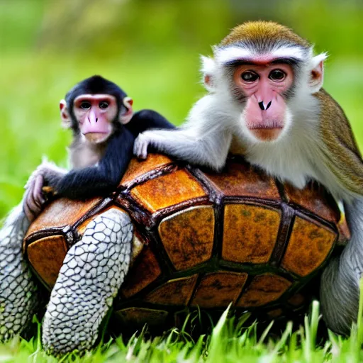 Image similar to a monkey sitting on the back of a turtle