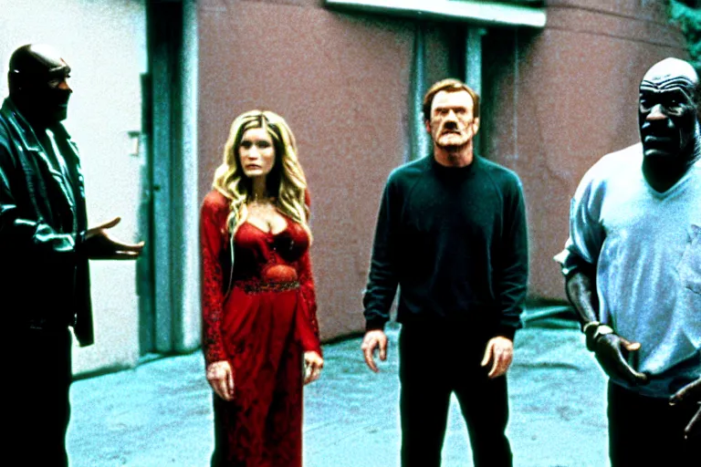 Image similar to film still of bryan cranston and kesha and delroy lindo in cosmic horror! the musical by david cronenberg, budapest street background, 3 5 mm film, atmospheric, ultra fine detail, film grain, photorealistic, hyperrealistic