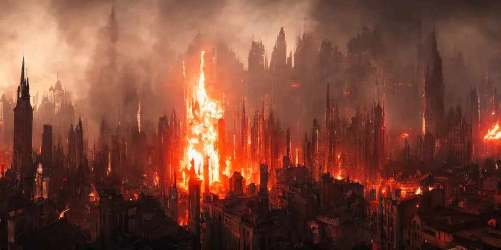 Image similar to gothic medieval cyberpunk city, giant explosion, fire, trail of smoke, high quality, detailed, 8k, unreal engine, octane render, trending on artstation