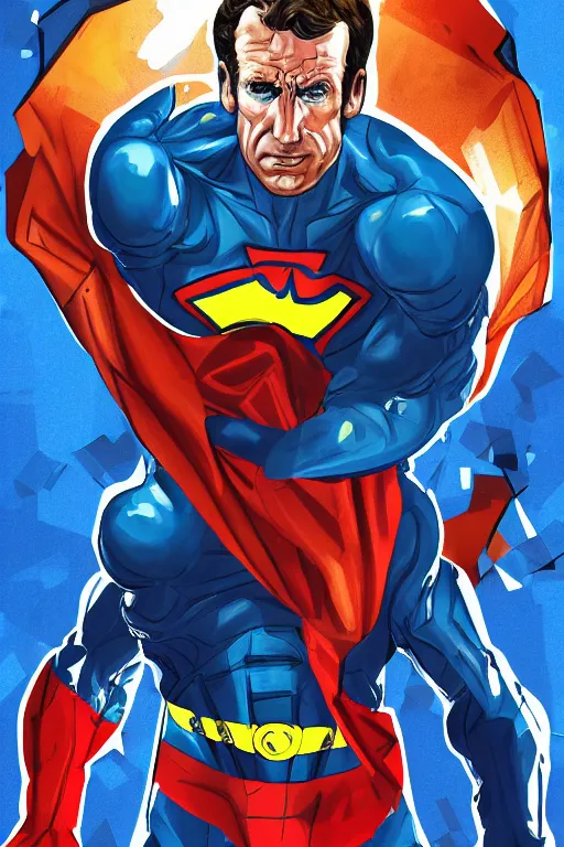 Prompt: emmanuel macron superhero, highly detailed, digital art, sharp focus, trending on art station