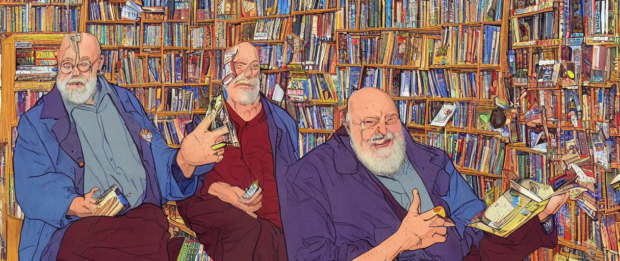 Image similar to an awesome jean giraud digital painting of robert anton wilson telling jokes at a local bookstore in the new age section